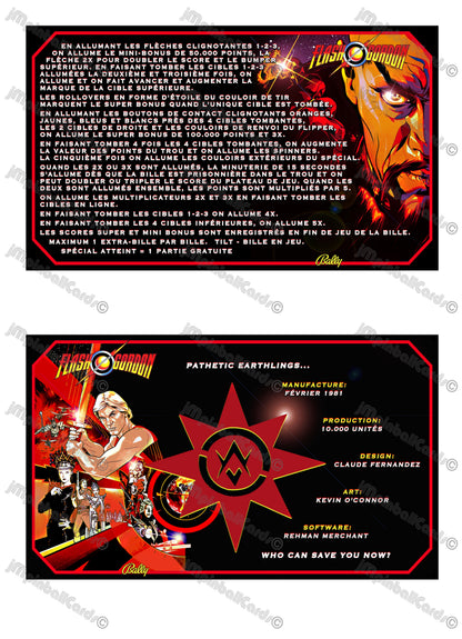 Instrucciones de las tarjetas del juego Bally Flash Gordon 1981, delantal personalizado de pinball, reglas impresas V3 M-1508-96-E