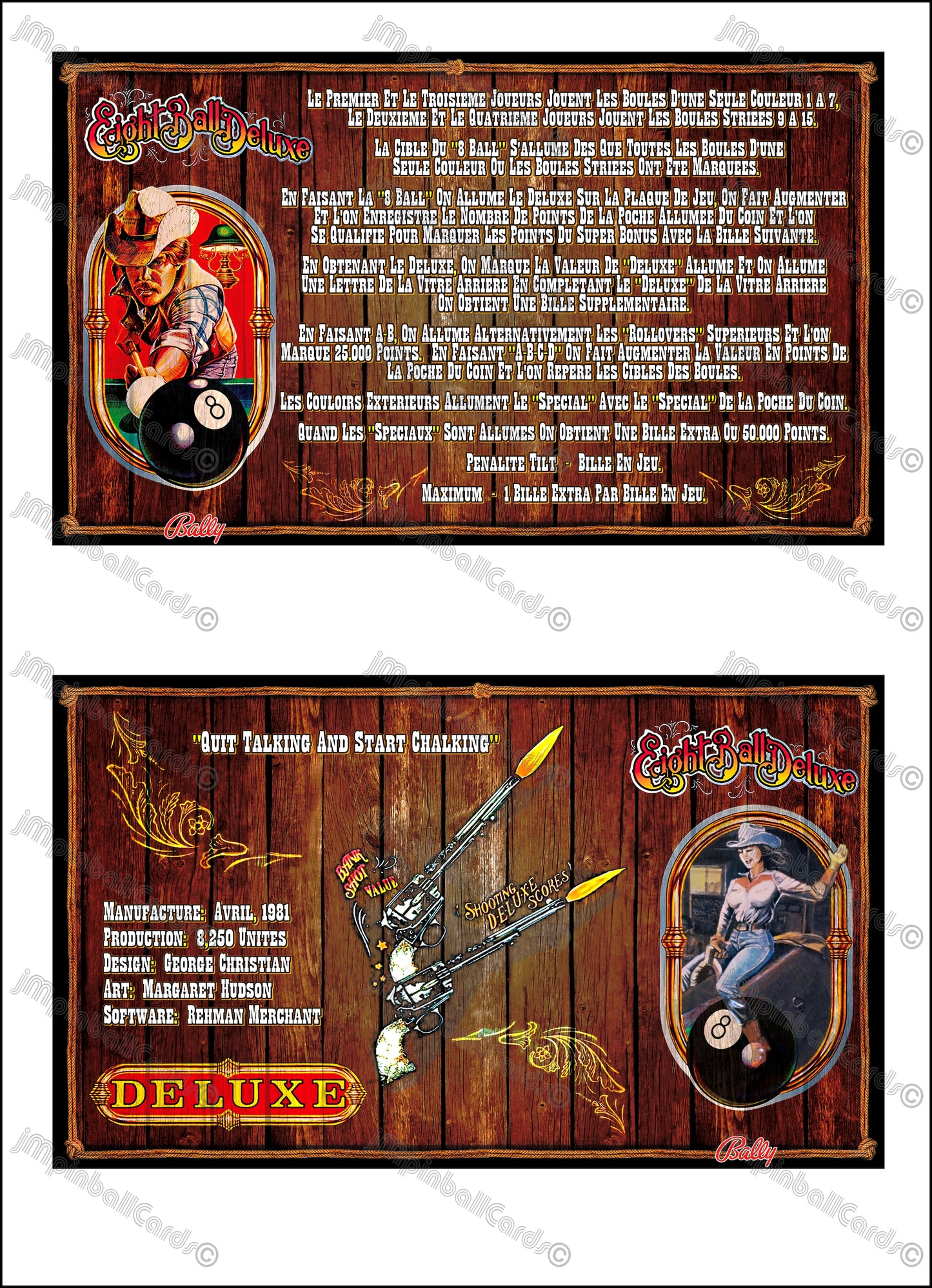 Instrucciones de las tarjetas del juego Bally Eight Ball Deluxe 1981 (F) Pinball Delantal personalizado Reglas impresas M-1508-98F