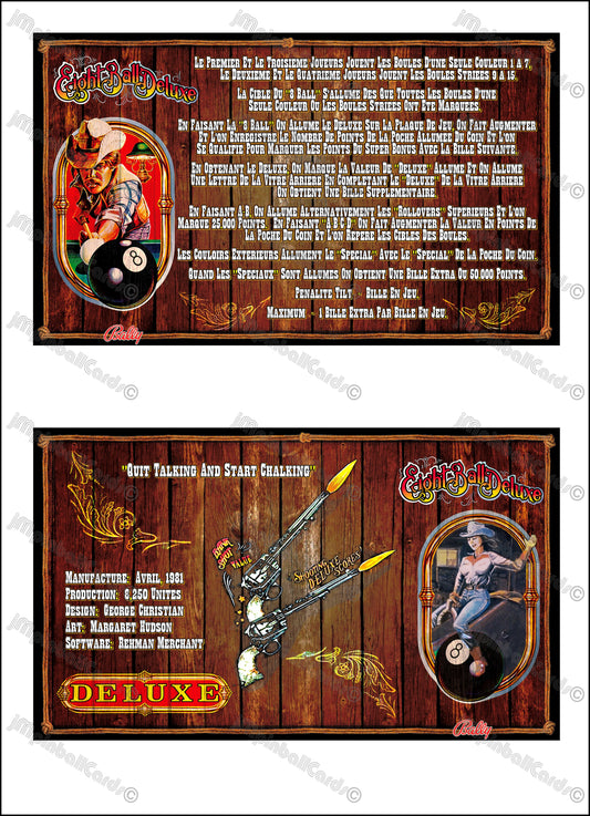 Instrucciones de las tarjetas del juego Bally Eight Ball Deluxe 1981 (F) Pinball Delantal personalizado Reglas impresas M-1508-98F