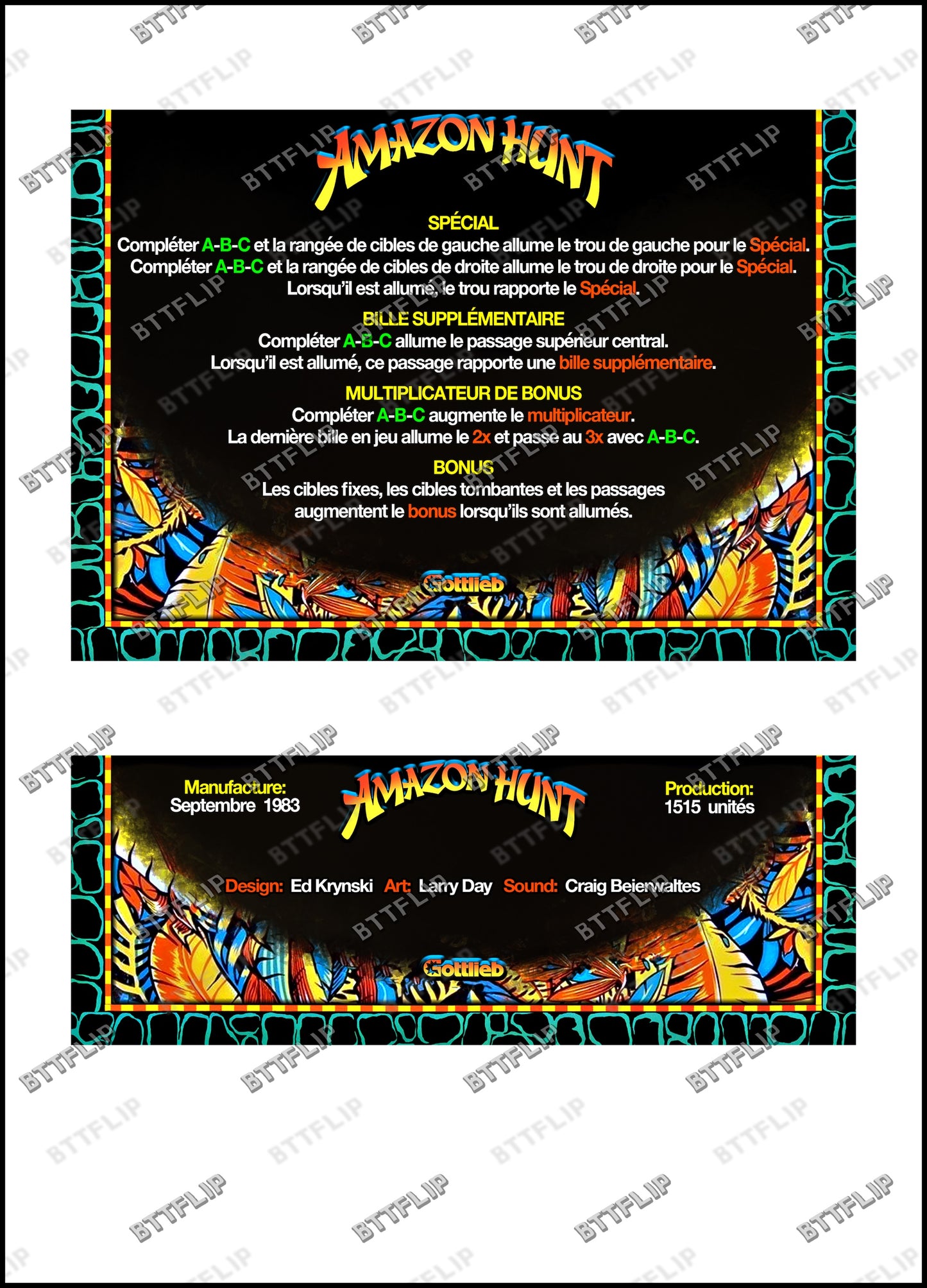Gottlieb Amazon Hunt 1983 Jeu Cartes règles Instructions Flipper Custom Apron