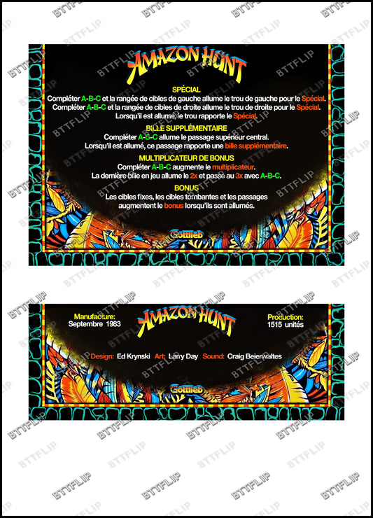 Gottlieb Amazon Hunt 1983 Jeu Cartes règles Instructions Flipper Custom Apron