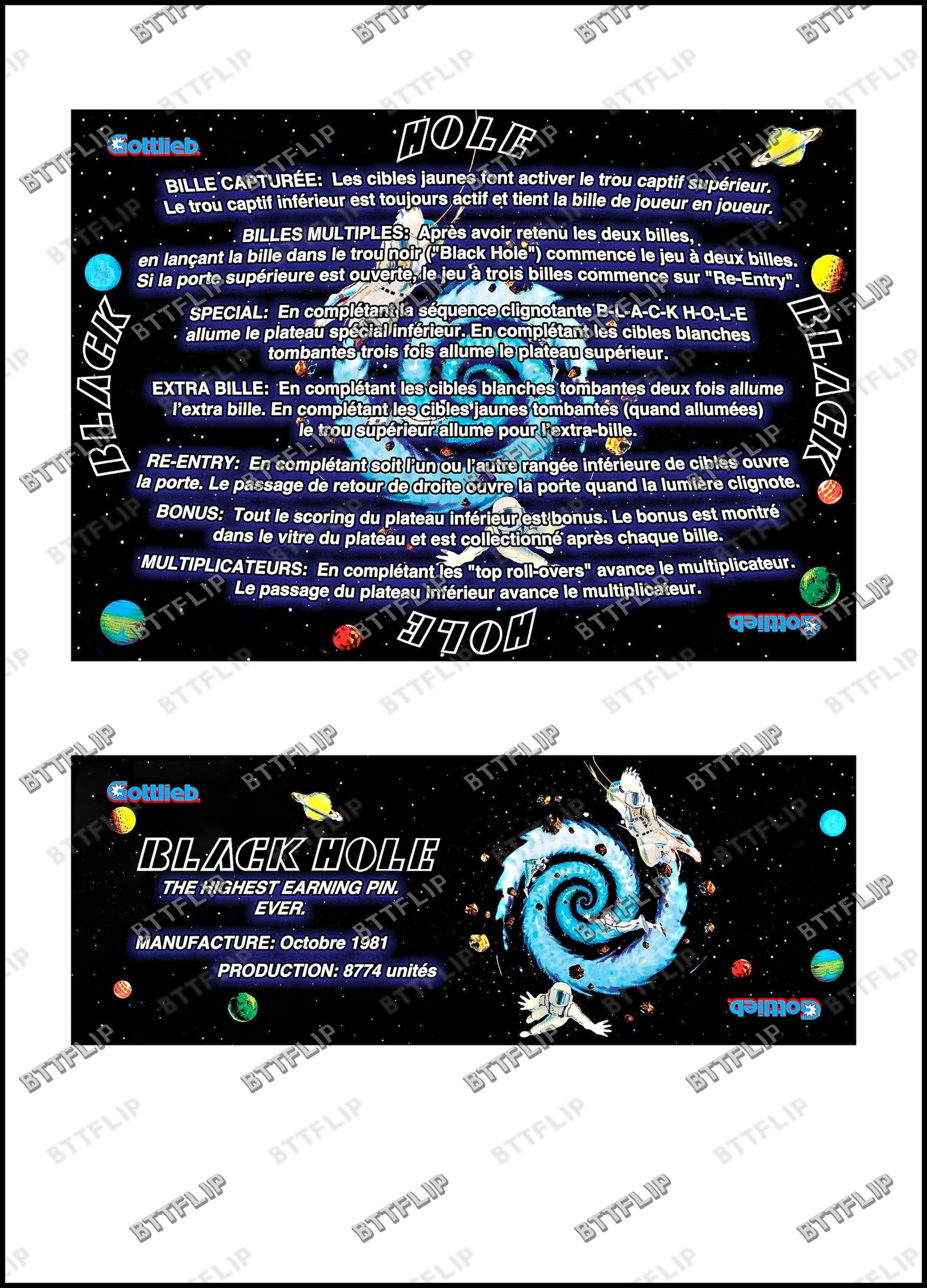 Gottlieb Black Hole 1981 Juego de cartas reglas instrucciones pinball delantal personalizado
