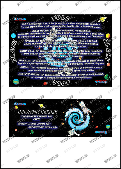 Gottlieb Black Hole 1981 Juego de cartas reglas instrucciones pinball delantal personalizado