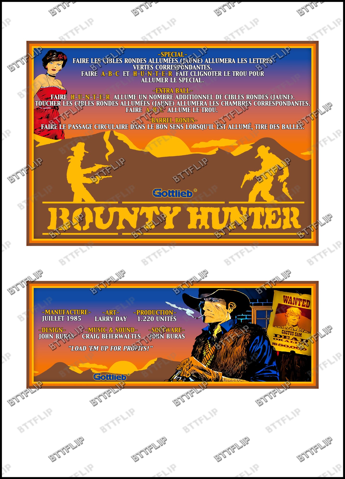 Gottlieb BOUNTY HUNTER 1985 Game Cards Instructions Pinball Custom Apron printed rules