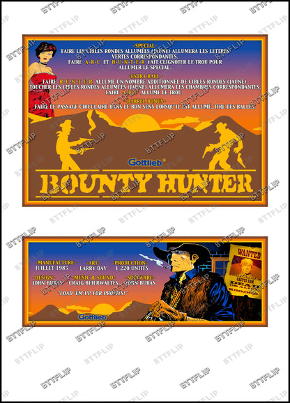 Gottlieb BOUNTY HUNTER 1985 Game Cards Instructions Pinball Custom Apron printed rules