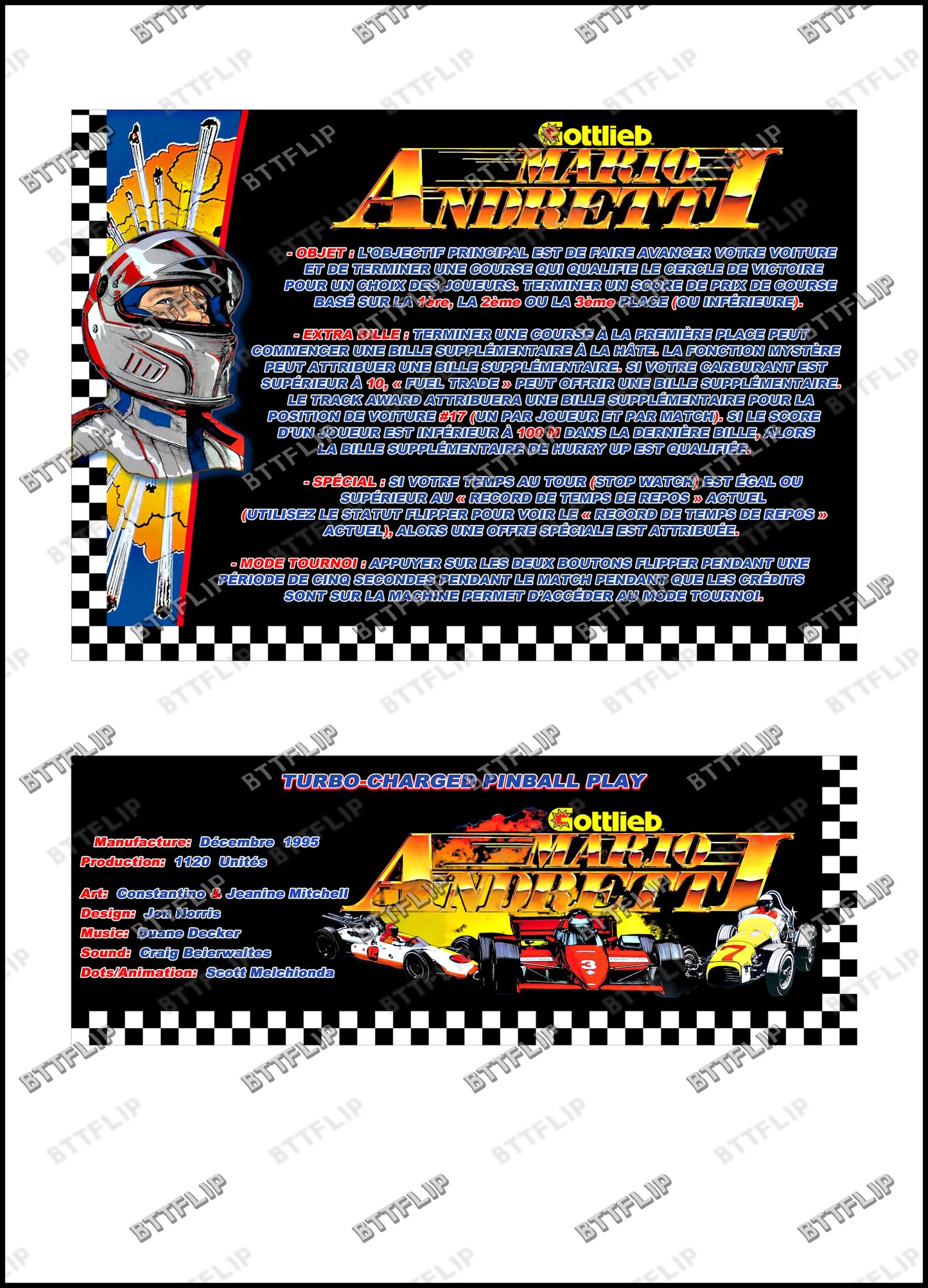 Gottlieb Mario Andretti 1995 Juego Cartas reglas Instrucciones Pinball Custom Delantal