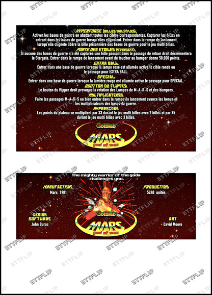 Gottlieb Mars God Of War 1981 Card Game Rules Instructions Pinball Custom Apron