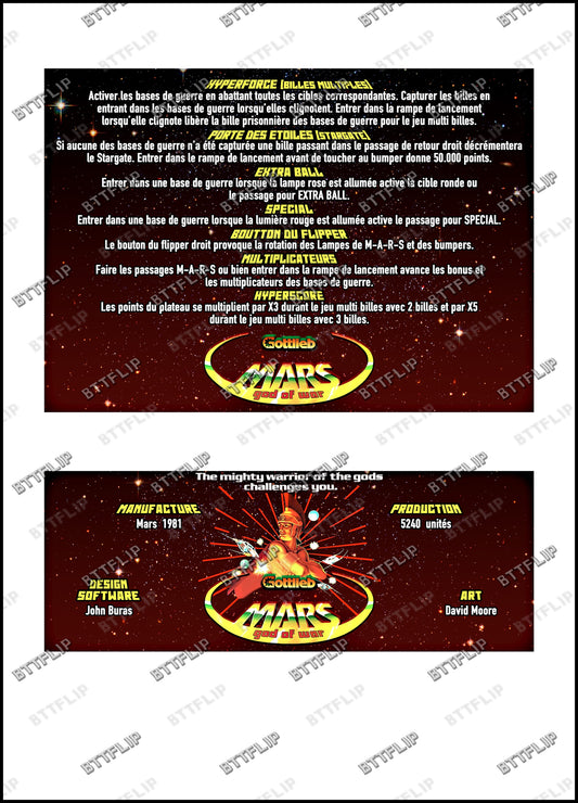 Gottlieb Mars God Of War 1981 Jeu Cartes règles Instructions Flipper Custom Apron
