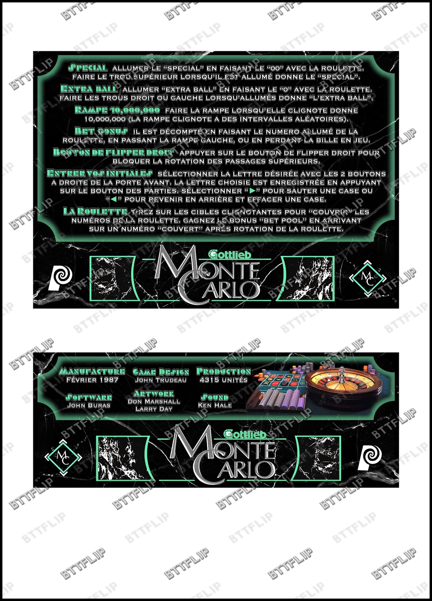 Gottlieb Monte Carlo 1987 Jeu Cartes règles Instructions Flipper Custom Apron
