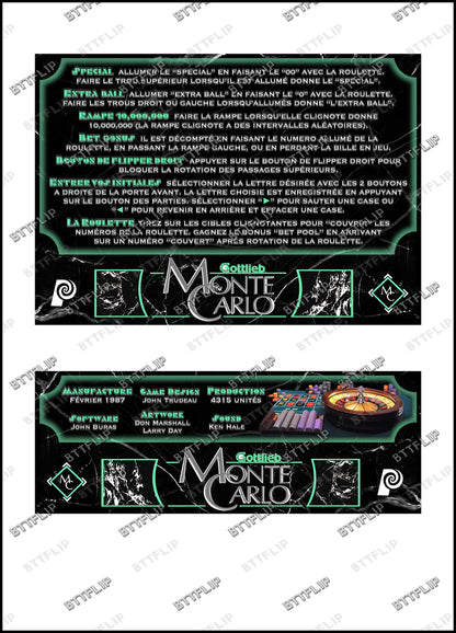 Gottlieb Monte Carlo 1987 Jeu Cartes règles Instructions Flipper Custom Apron