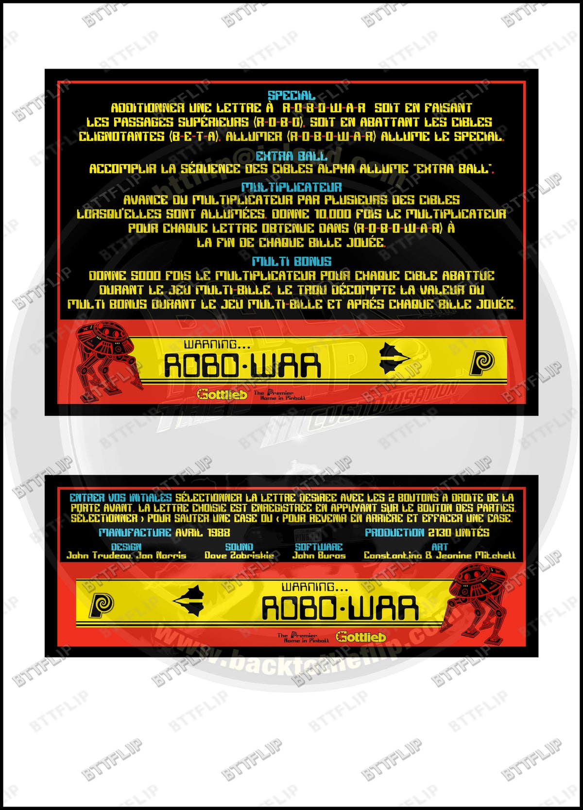 Cartes d'instructions custom apron flipper Gottlieb Robo-war 1988 Robowar (set de 2)