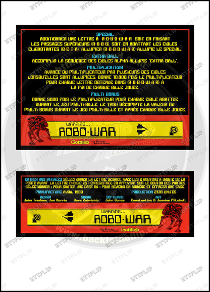Cartes d'instructions custom apron flipper Gottlieb Robo-war 1988 Robowar (set de 2)