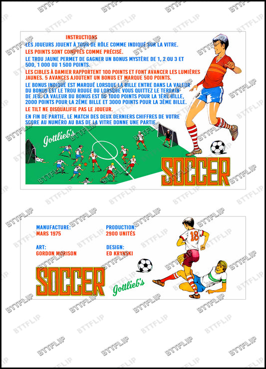 Instrucciones de las tarjetas de juego Gottlieb Soccer 1975, delantal personalizado de pinball, reglas impresas