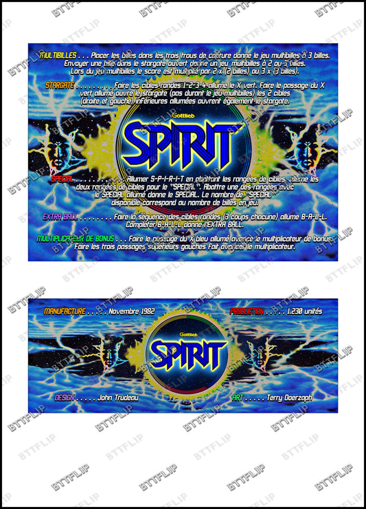 Gottlieb Spirit 1982 Jeu Cartes règles Instructions Flipper Custom Apron