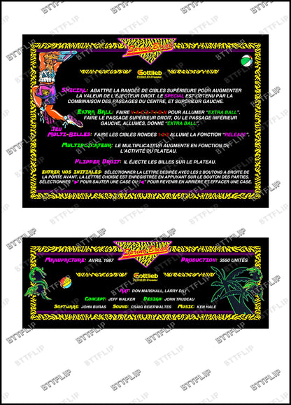 Instrucciones para tarjetas de juego Gottlieb Spring Break 1987, delantal personalizado de pinball, reglas impresas