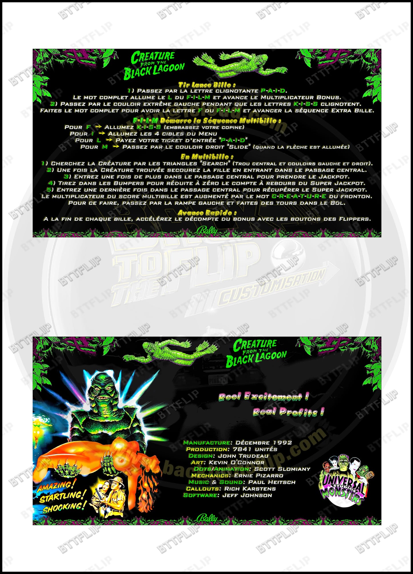 Cartes d'instructions custom apron flipper Bally Creature From The Black Lagoon 1992 V3 (set de 2)
