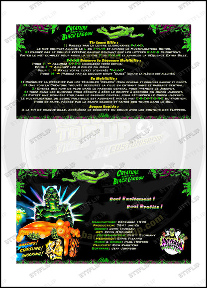 Cartes d'instructions custom apron flipper Bally Creature From The Black Lagoon 1992 V3 (set de 2)