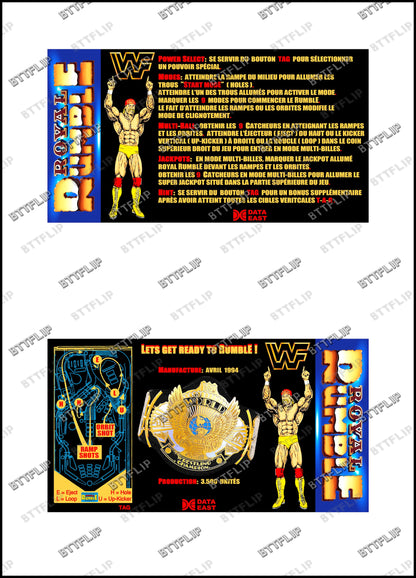 Instrucciones de tarjetas de juego Data East ROYAL RUMBLE WWF 1994 Delantal personalizado de Pinball Reglas impresas