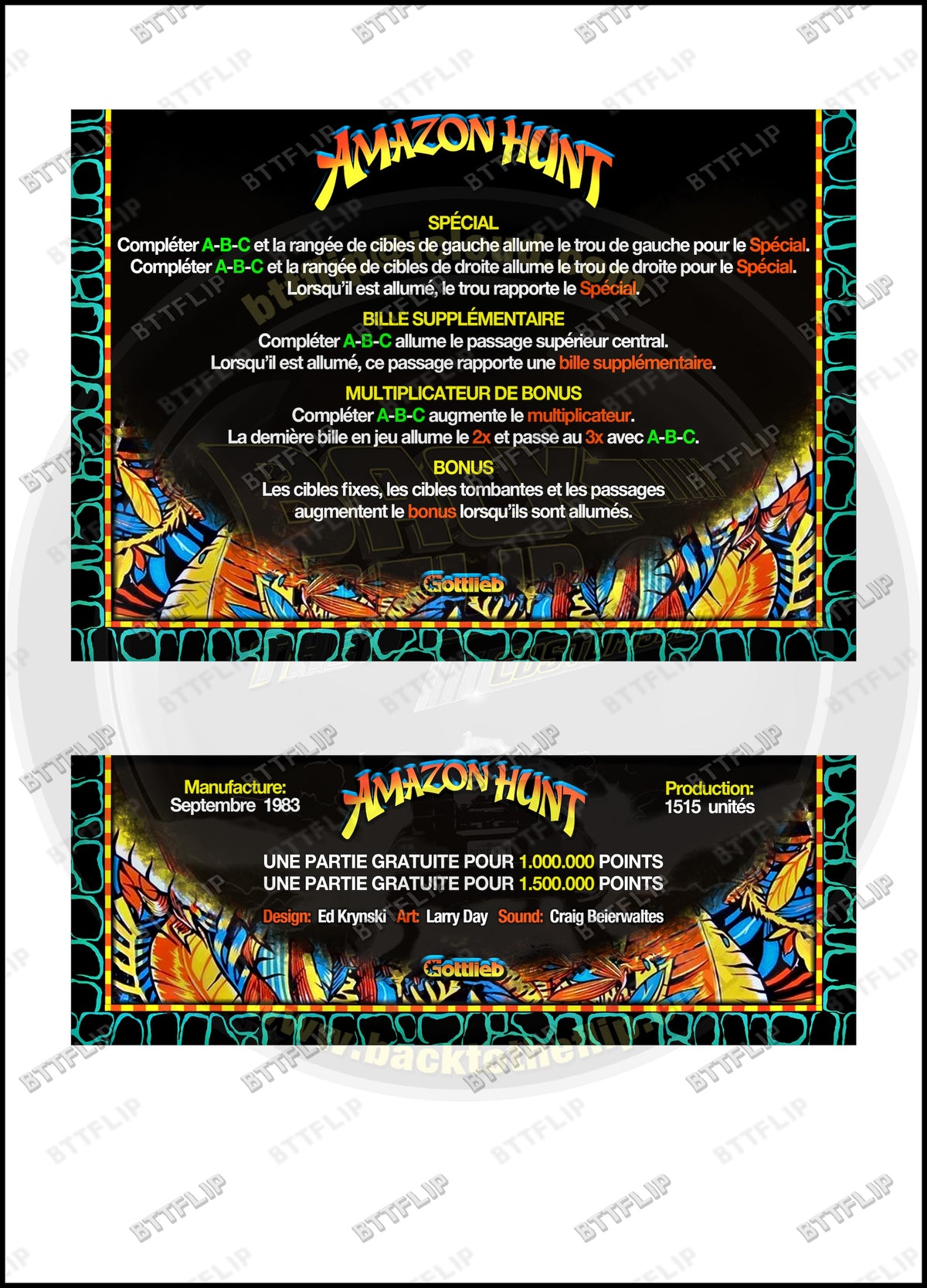 Gottlieb Amazon Hunt 1983 Game Cards Rules Instructions Pinball Custom Apron