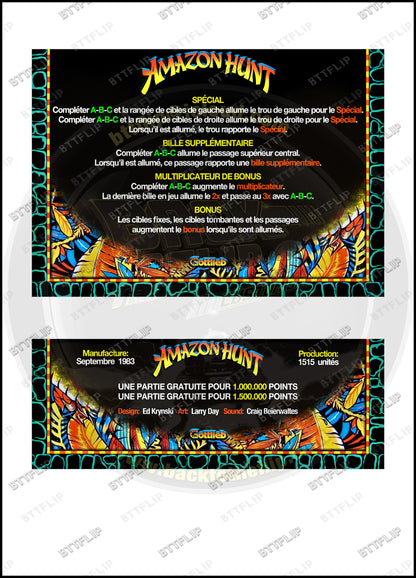 Gottlieb Amazon Hunt 1983 Game Cards Rules Instructions Pinball Custom Apron