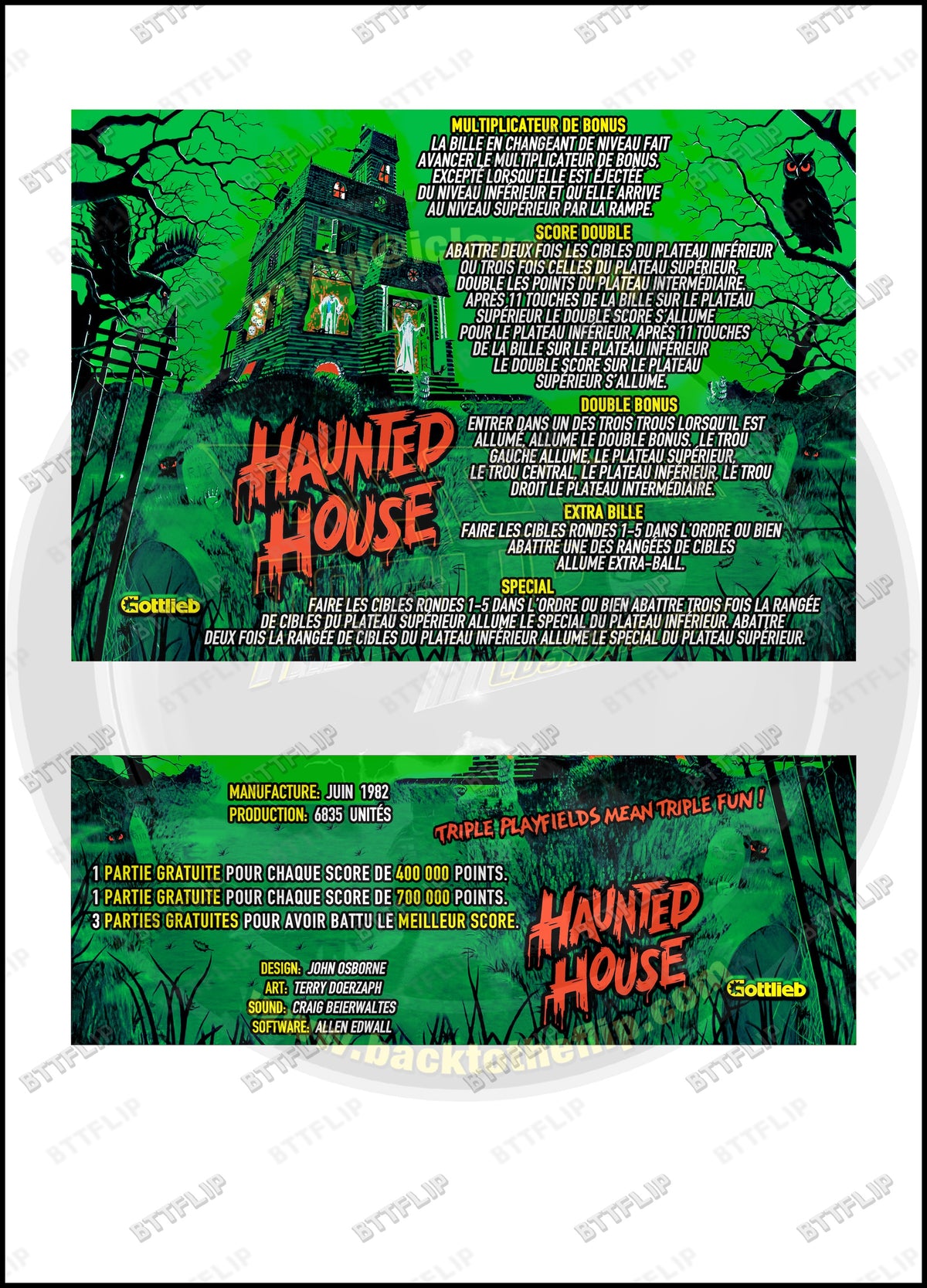Custom instruction cards apron flipper Gottlieb Haunted House 1982 V2