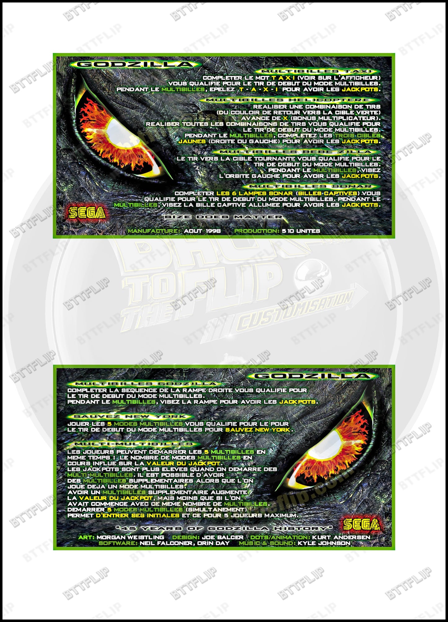 Cartes d'instructions custom apron flipper SEGA GODZILLA 1998 V1 (set de 2)