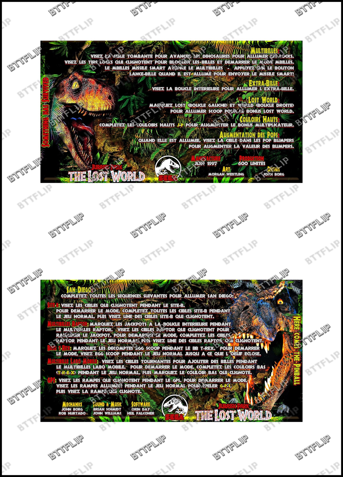 SEGA The Lost World Jurassic Park 1997 Game Cards Rules Instructions Pinball Custom Apron