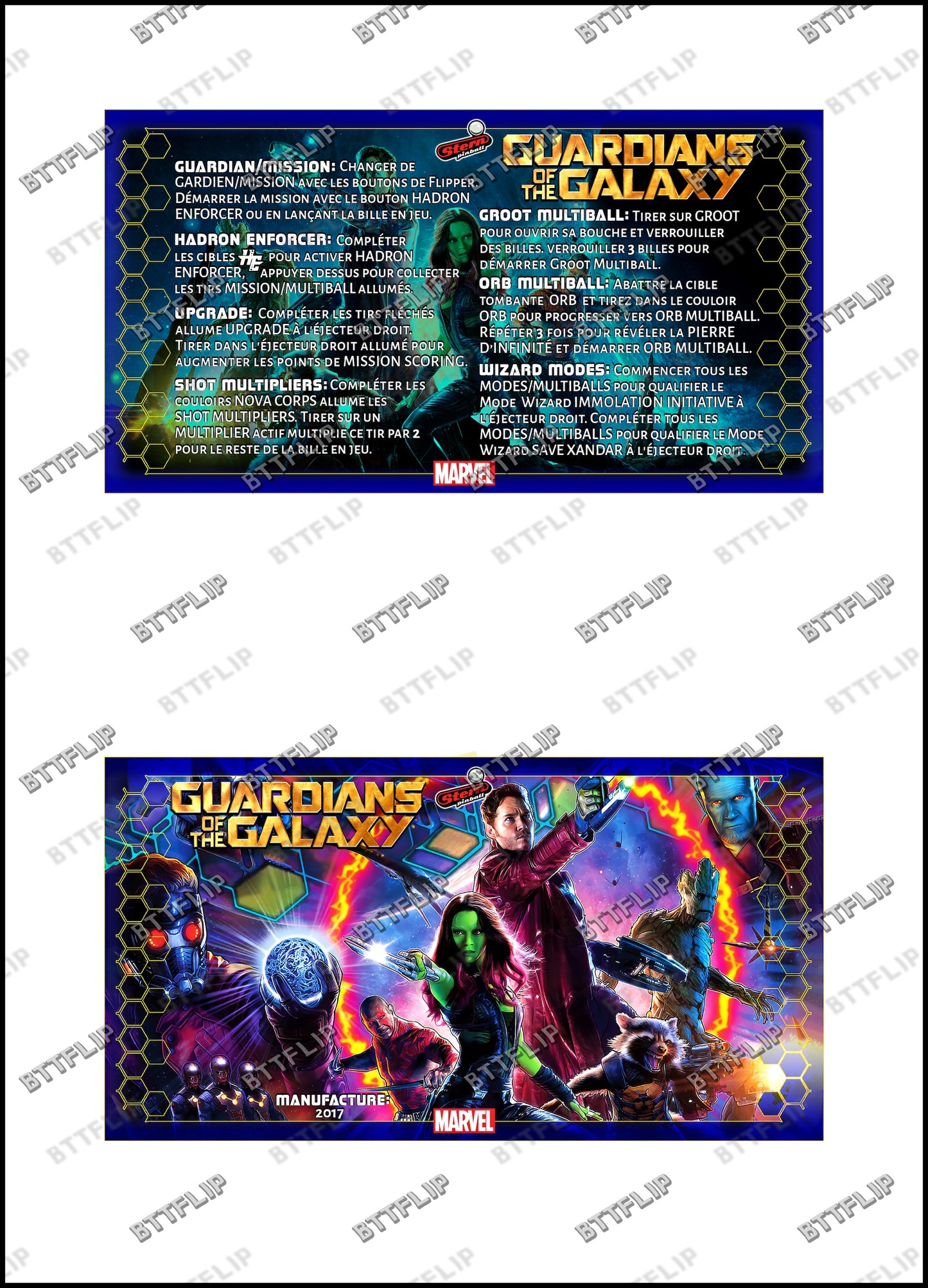 Instrucciones para las tarjetas de juego profesionales de Stern Guardians of the Galaxy 2017. Delantal personalizado de pinball con reglas impresas.