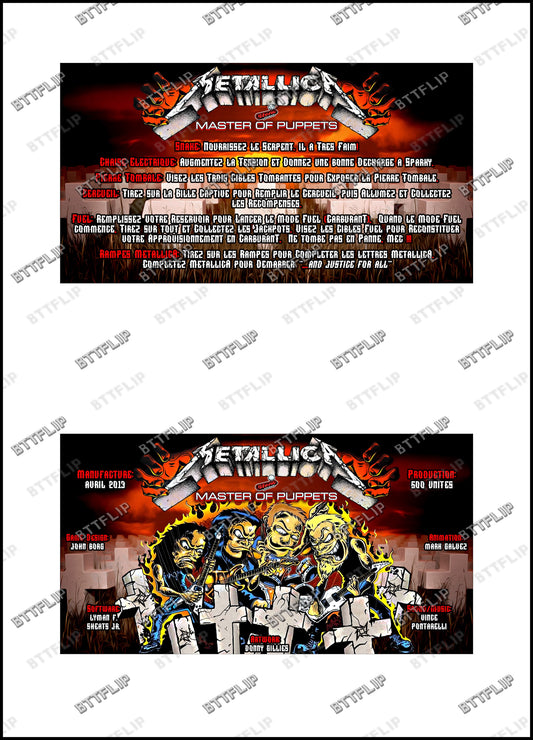 Stern Metallica Master Of Puppets 2013 Jeu Cartes règles Instructions Flipper Custom Apron