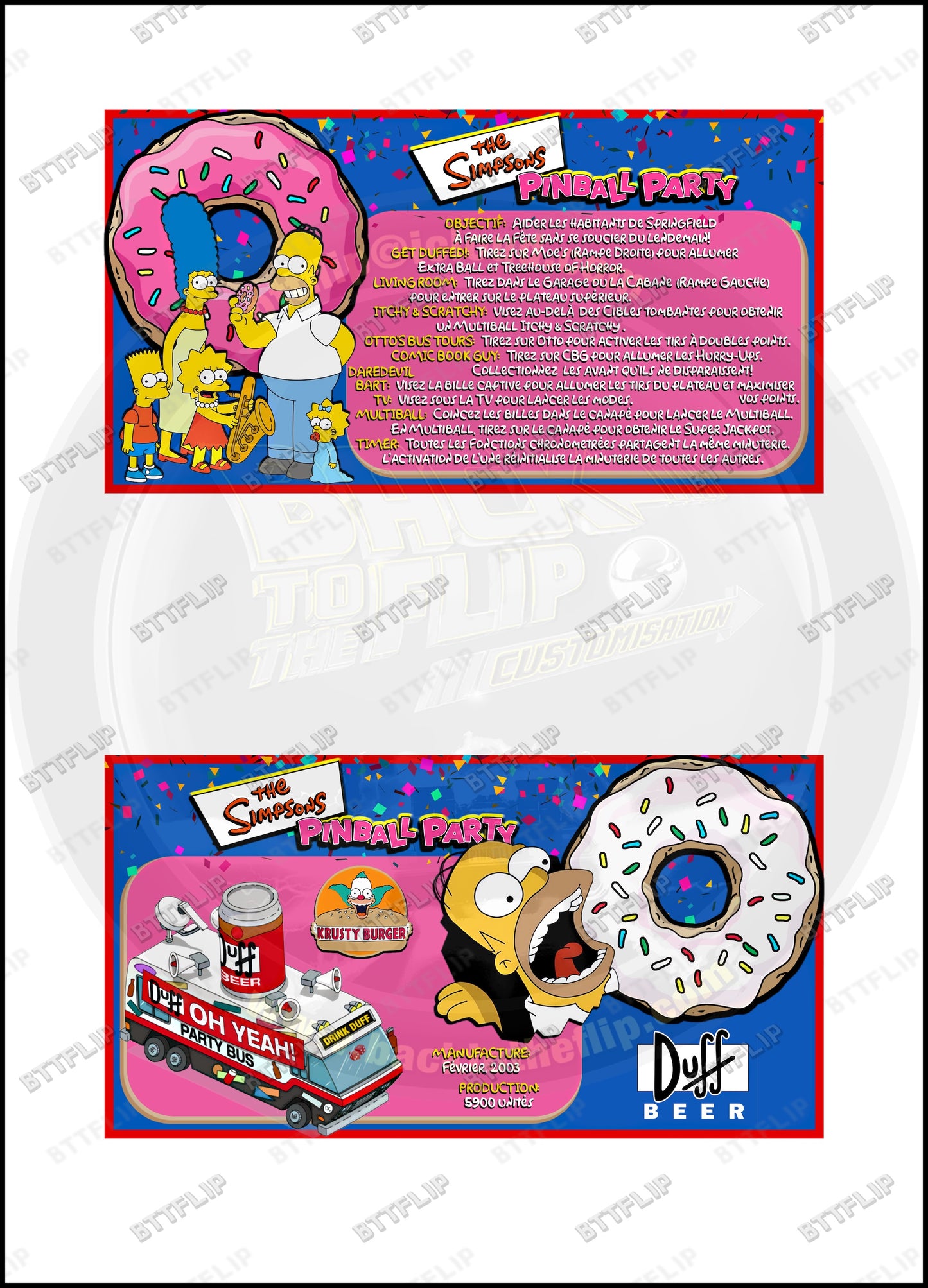 Cartes d'instructions custom apron flipper Stern The Simpsons Pinball Party 2003 (set de 2)