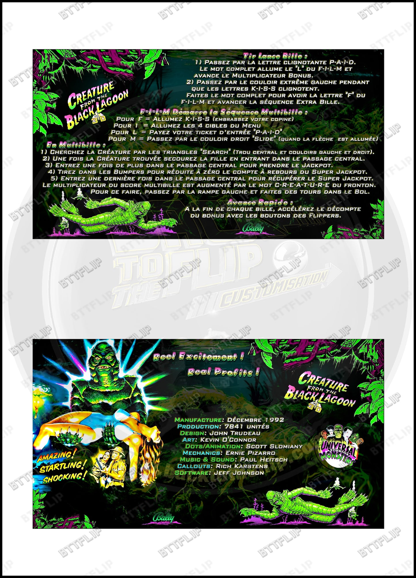 Custom apron instruction cards flipper Bally Creature From The Black Lagoon 1992 V1 (set of 2)