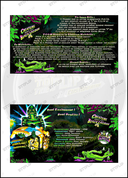 Custom apron instruction cards flipper Bally Creature From The Black Lagoon 1992 V1 (set of 2)
