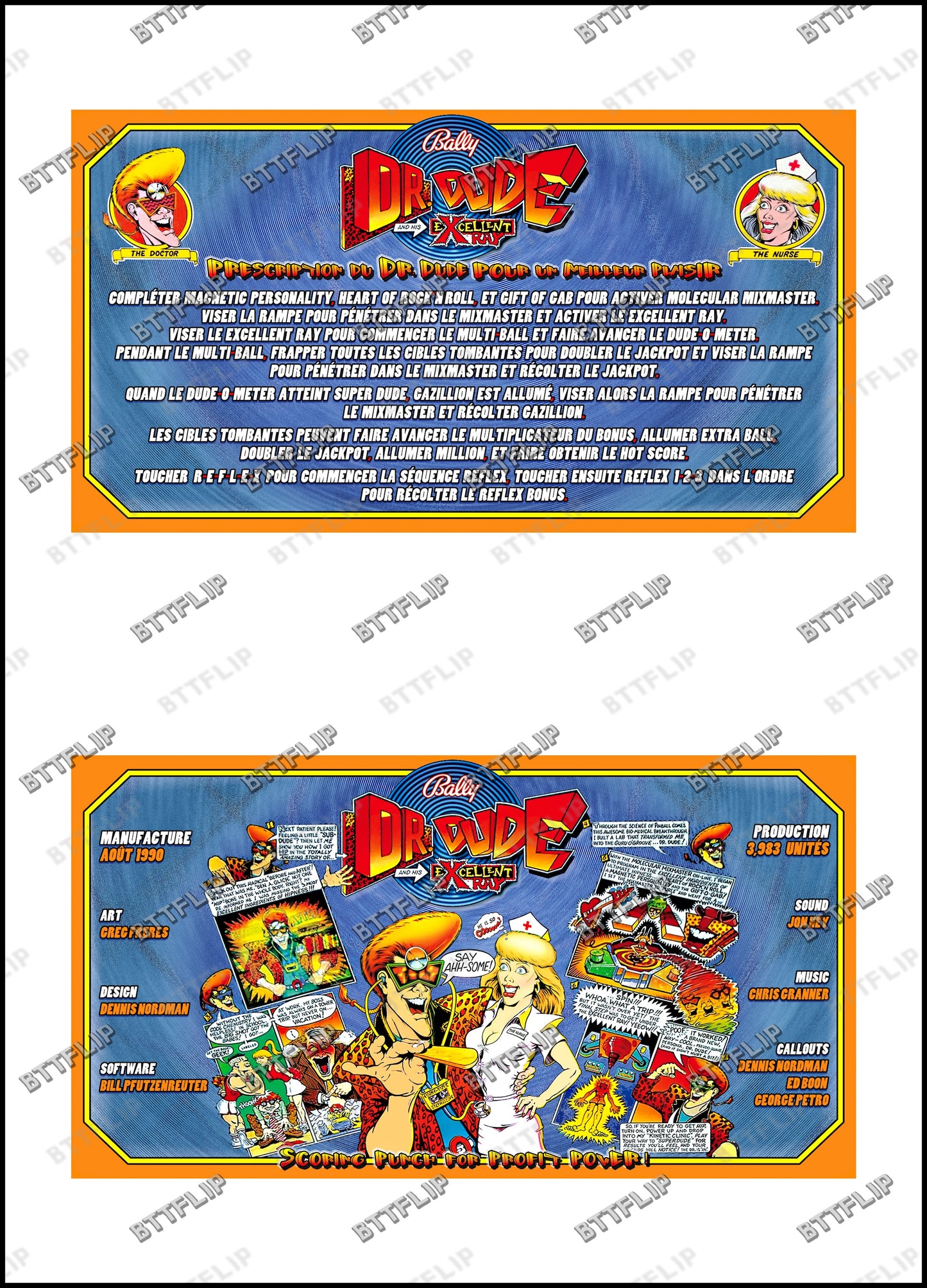 Bally Dr Dude 1990 Jeu Cartes règles Instructions Flipper Custom Apron V1