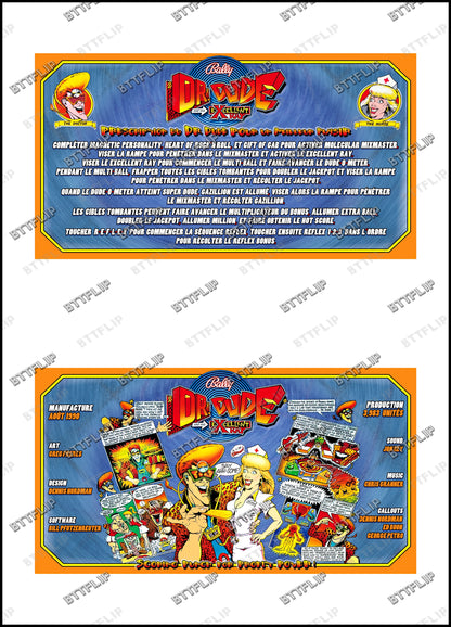 Bally Dr Dude 1990 Jeu Cartes règles Instructions Flipper Custom Apron V1