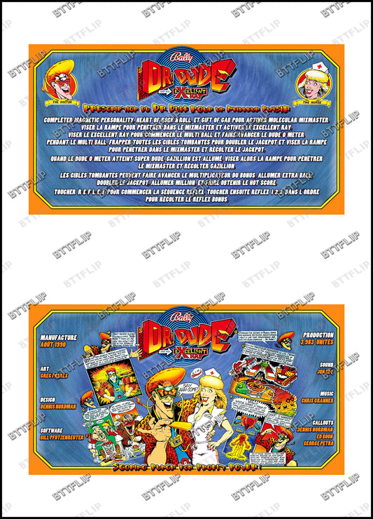 Bally Dr Dude 1990 Jeu Cartes règles Instructions Flipper Custom Apron V1