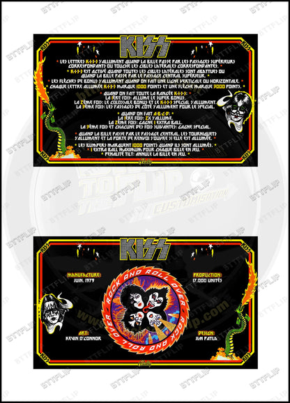 Instrucciones de las tarjetas de juego Bally KISS 1979 Delantal personalizado de pinball con reglas impresas
