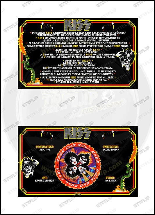 Bally KISS 1979 Jeu Cartes règles Instructions Flipper Custom Apron