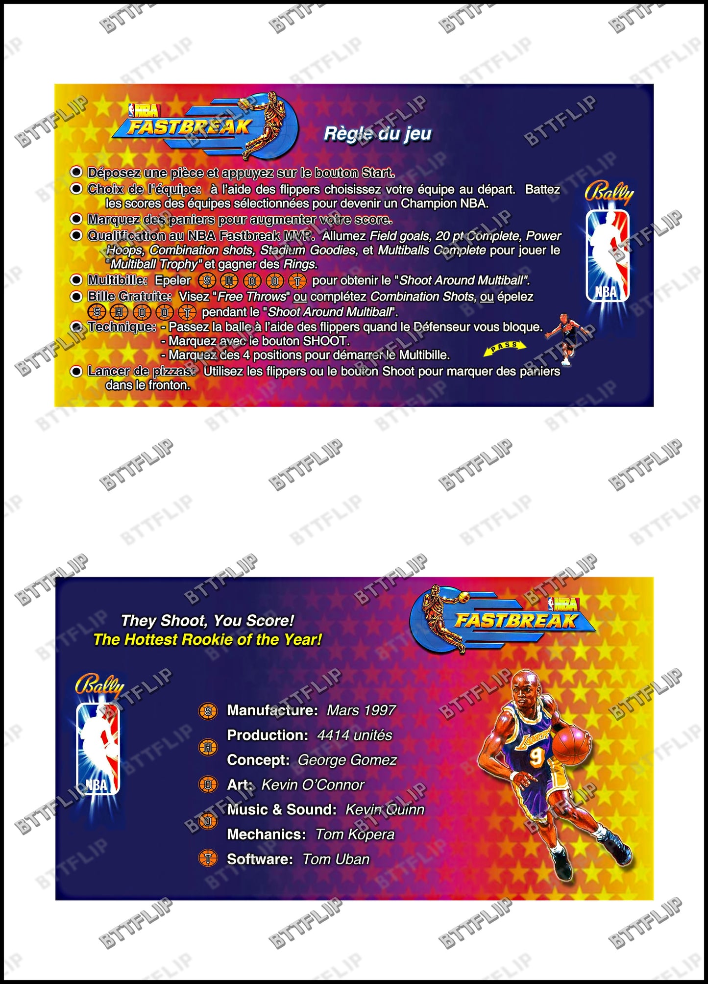 Bally NBA FASTBREAK 1997 Juego Tarjetas Reglas Instrucciones Flipper Custom Delantal V1
