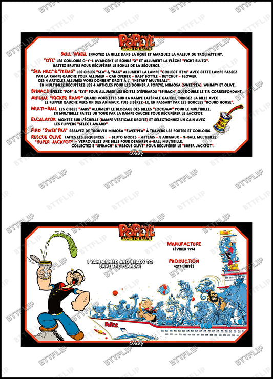 Bally Popeye 1994 Card Game Rules Instructions Pinball Custom Apron V1