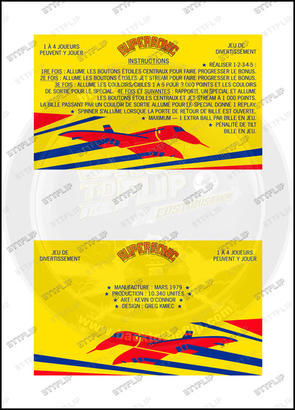 Cartes d'instructions custom apron flipper Bally Supersonic 1979 V1 (set de 2)