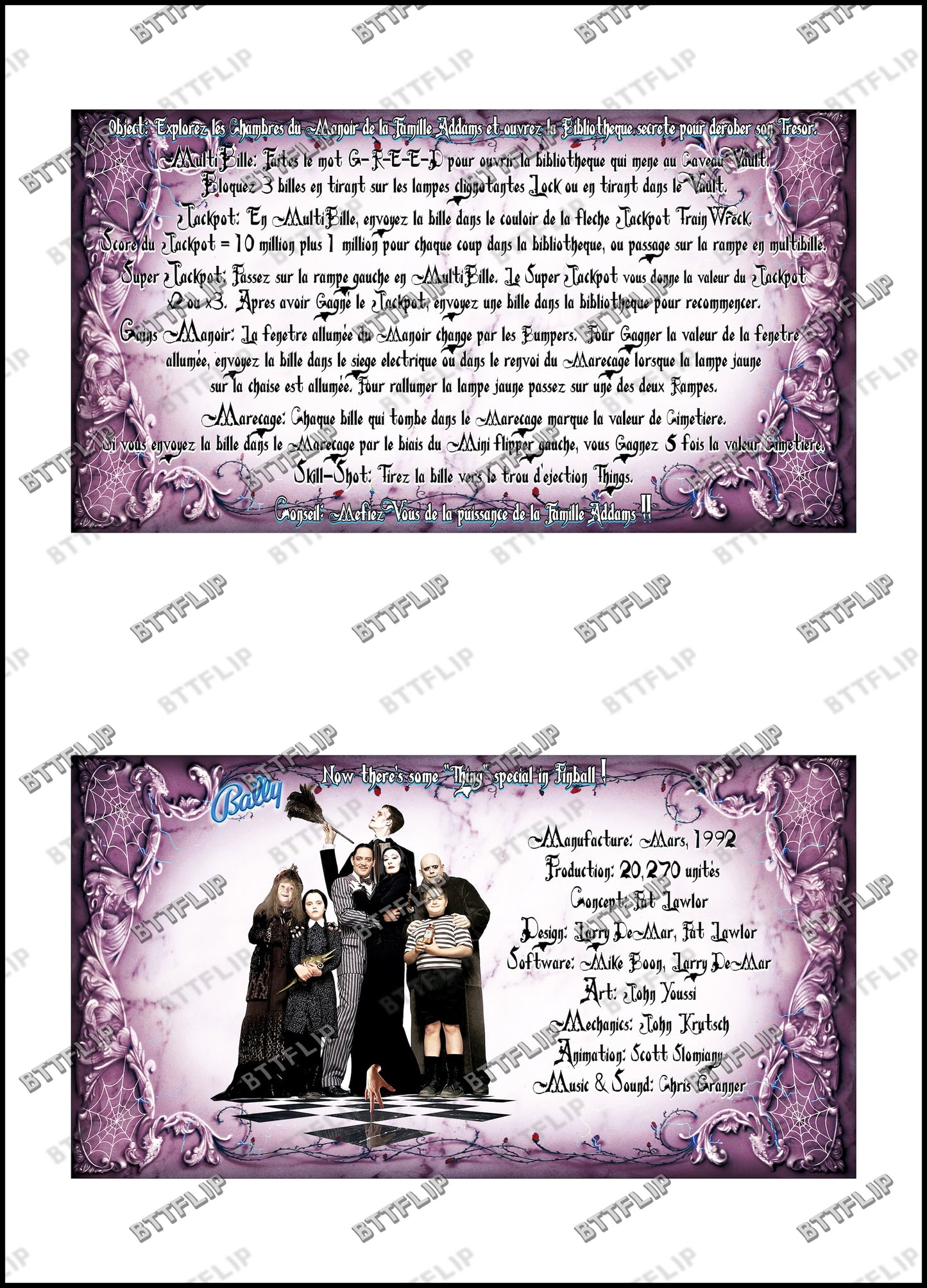 Instrucciones de las tarjetas del juego Bally The Addams Family 1992, máquina de pinball, delantal personalizado, reglas impresas V1