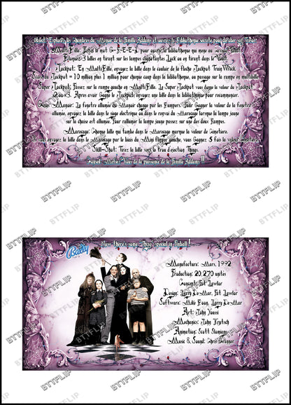 Instrucciones de las tarjetas del juego Bally The Addams Family 1992, máquina de pinball, delantal personalizado, reglas impresas V1