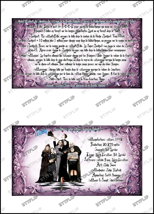 Bally The Addams Family 1992 Jeu Cartes Instructions Flipper Custom Apron règles imprimées V1