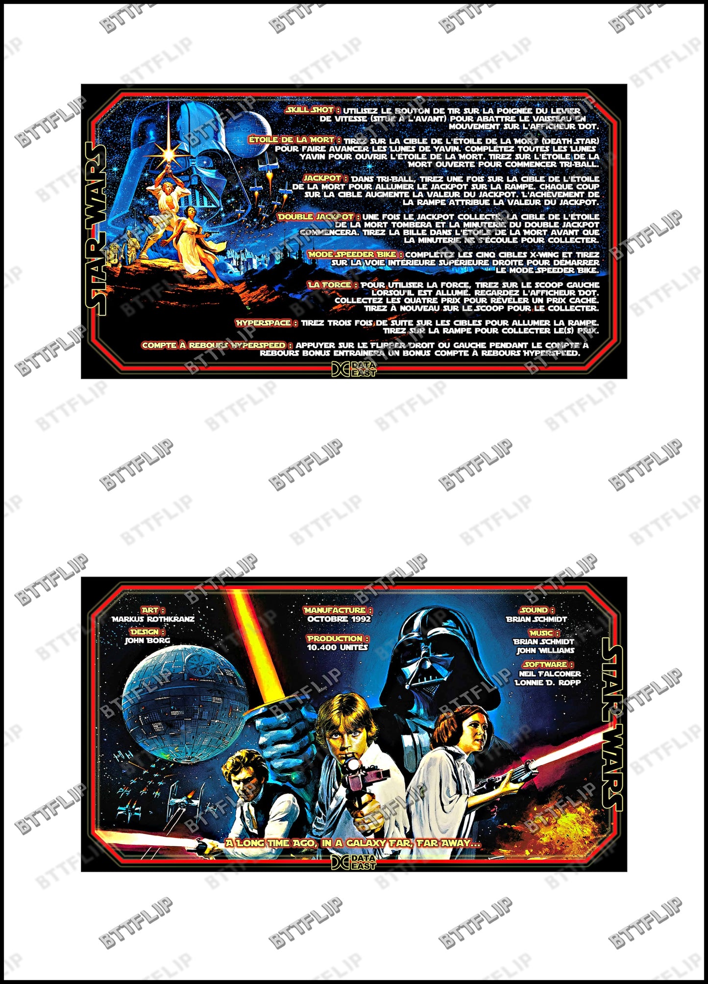 Data East Star Wars 1992 Juego Tarjetas Reglas Instrucciones Flipper Custom Apron V1