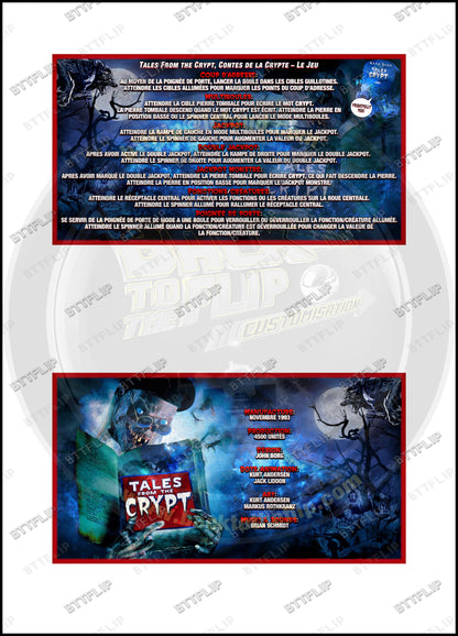 Data East Tales From The Crypt 1993 Game Cards Instructions Pinball Custom Apron Printed Rules V1