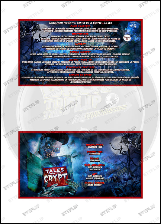 Cartes d'instructions custom apron flipper Data East Tales From The Crypt 1993 V1 (set de 2)