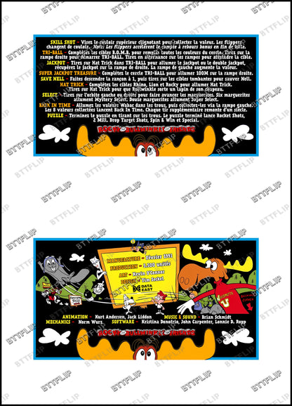 Data East LAS AVENTURAS DE ROCKY Y BULLWINKLE Y AMIGOS 1993 Reglas del juego Tarjetas Instrucciones Pinball Delantal personalizado V1