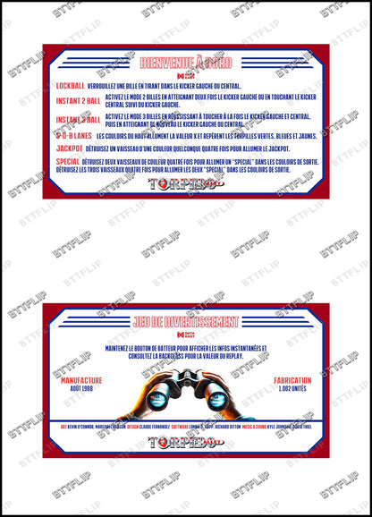 Data Torpedo Alley 1988 Jeu Cartes règles Instructions Flipper Custom Apron V1