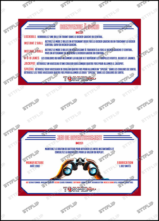 Data Torpedo Alley 1988 Jeu Cartes règles Instructions Flipper Custom Apron V1