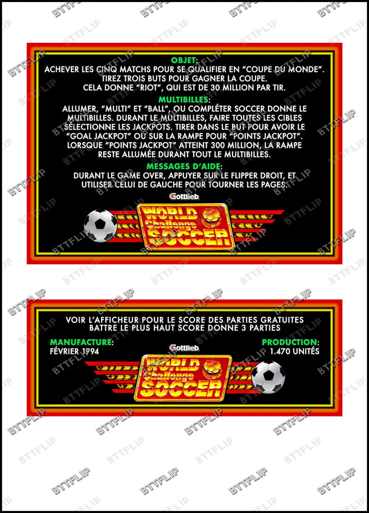 Tarjetas de juego Gottlieb World Challenge Soccer 1994, reglas e instrucciones, delantal personalizado de pinball V1